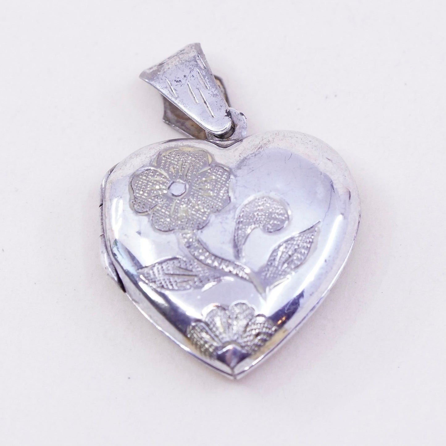 Vintage sterling silver photo locket charm pendant, flower textured 925 heart