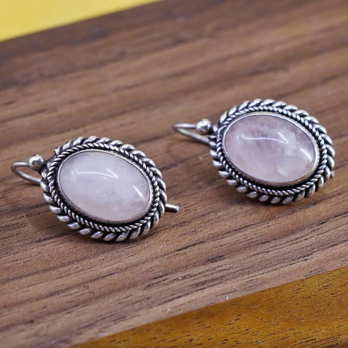 Vintage Sterling 925 silver handmade earrings with oval pink rose quartz