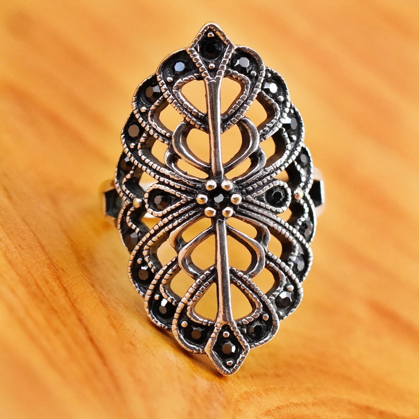 Size 7.25, Sterling silver handmade ring, southwestern, 925 band marcasite