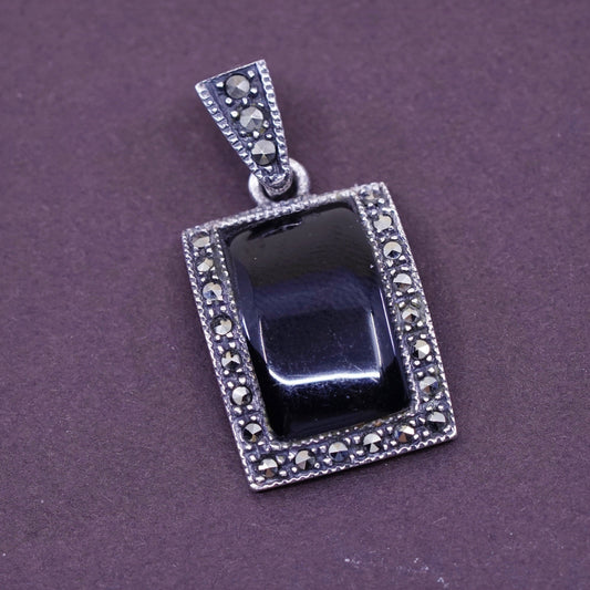 Vintage Sterling 925 silver handmade sided pendant with obsidian and marcasite