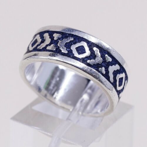 Sz 7, Vtg Mexico Sterling Silver Handmade Ring, 925 Silver XOXO Band W turquoise