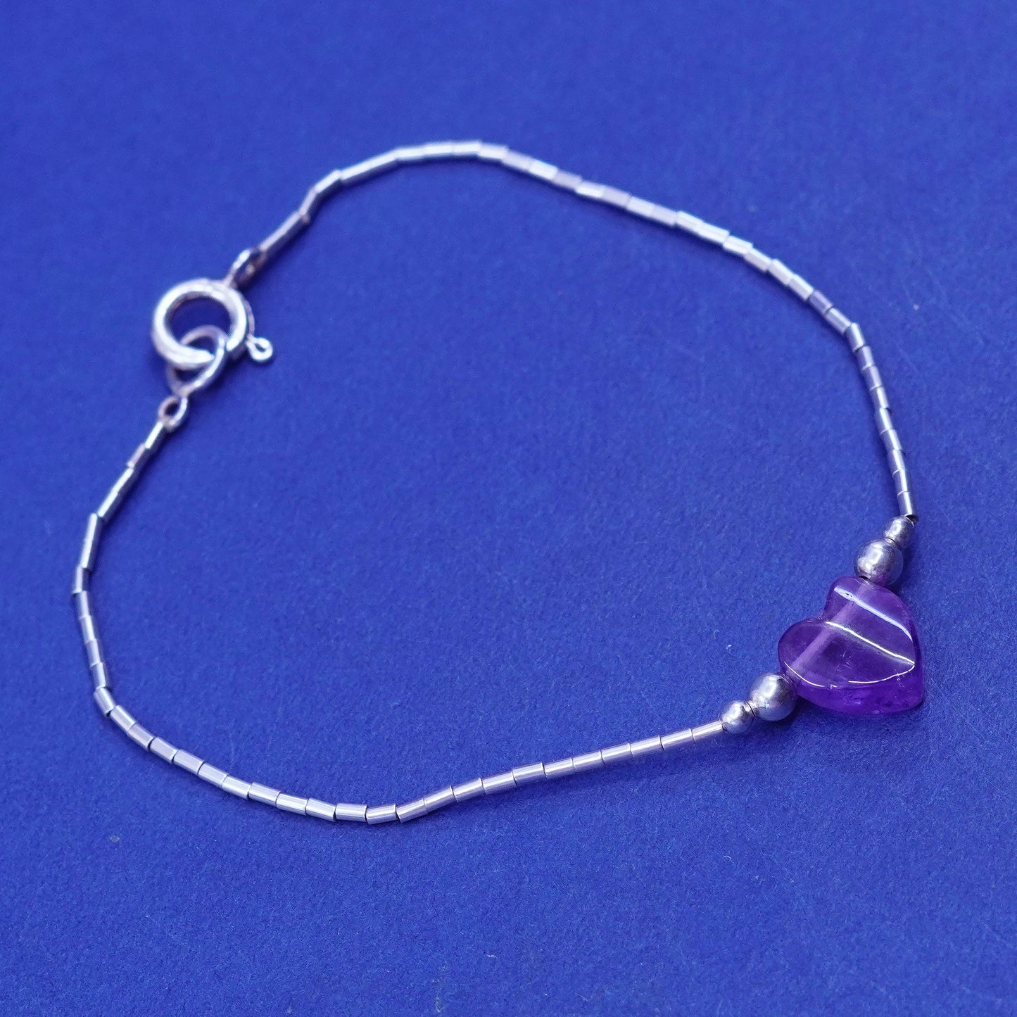 6.25”, vtg sterling handmade bracelet, 925 liquid silver chain amethyst heart
