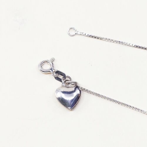 8.75”, 1mm, Vtg Sterling Silver bracelet, 925 Italy Box chain W/ Heart Charm