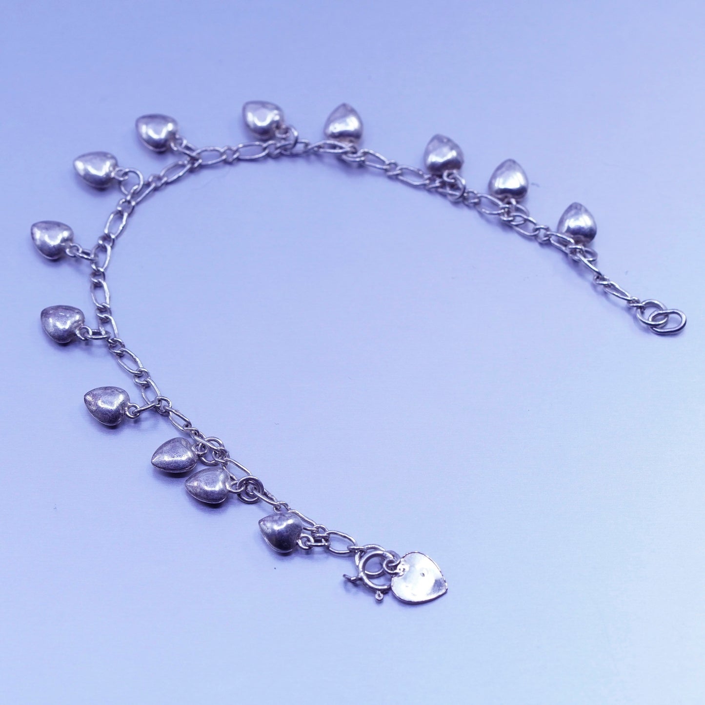 7.25”, vintage Sterling 925 silver handmade bracelet, figaro chain heart charms