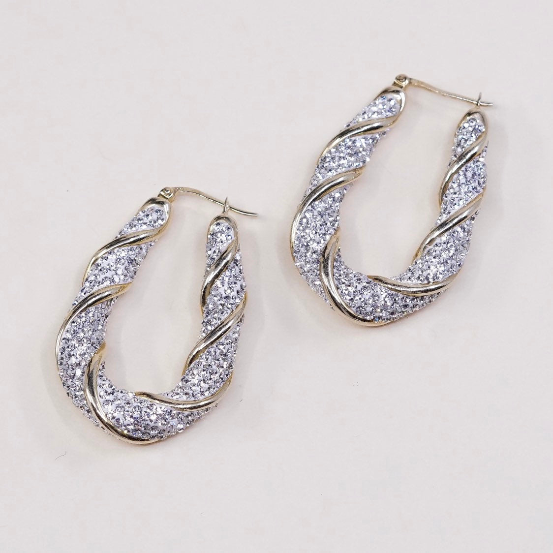 1.75" Vintage gold sterling silver earrings, 925 hoops, huggie, w/ cluster cz