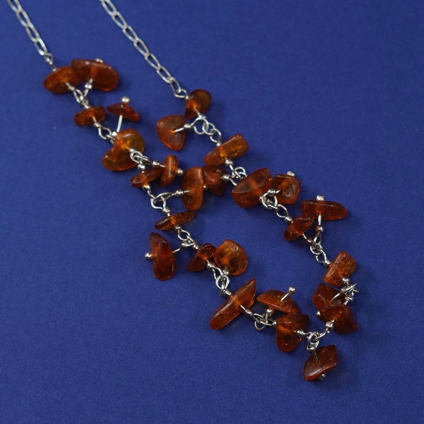 18”, vintage Sterling silver necklace, 925 long chain w/ cluster amber pendant