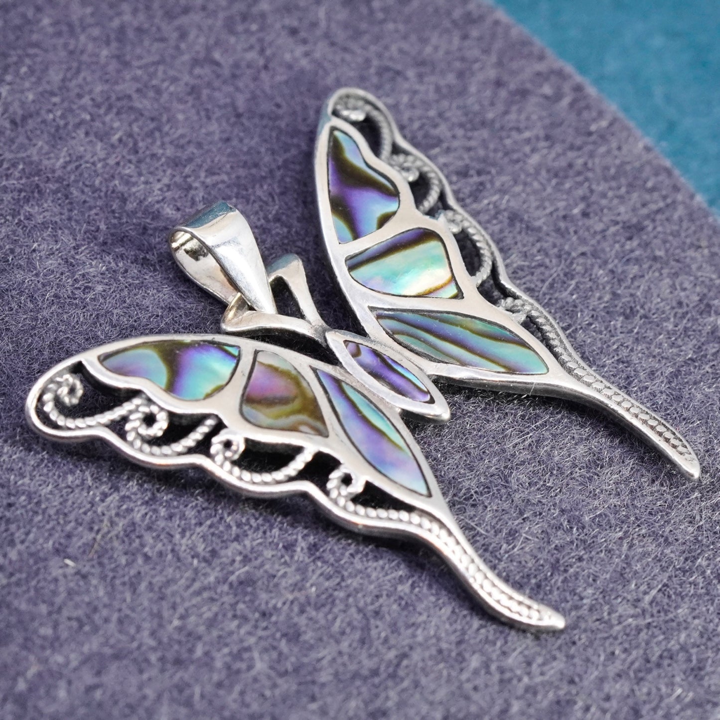 Vintage Sterling 925 silver handmade butterfly pendant with abalone