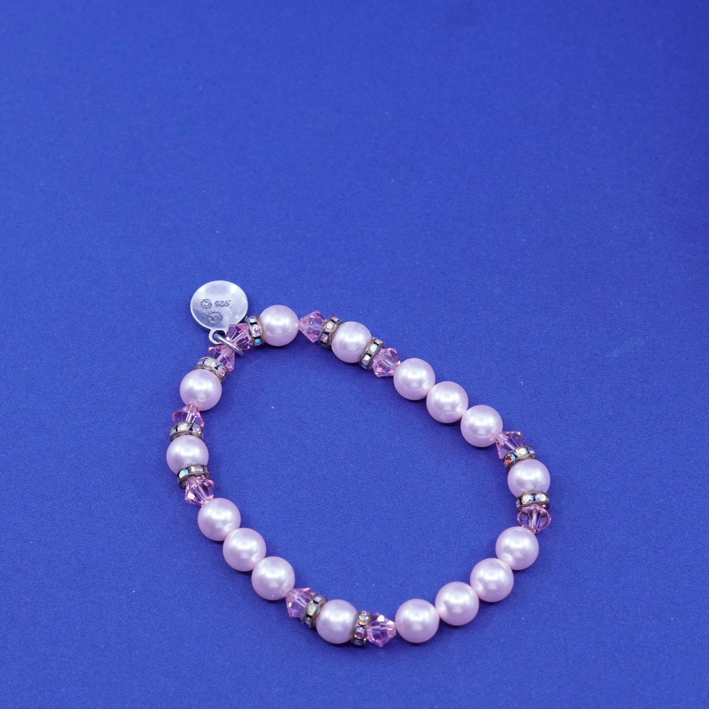 7”, SLC Sterling 925 silver handmade bracelet pearl pink beads miracles charm