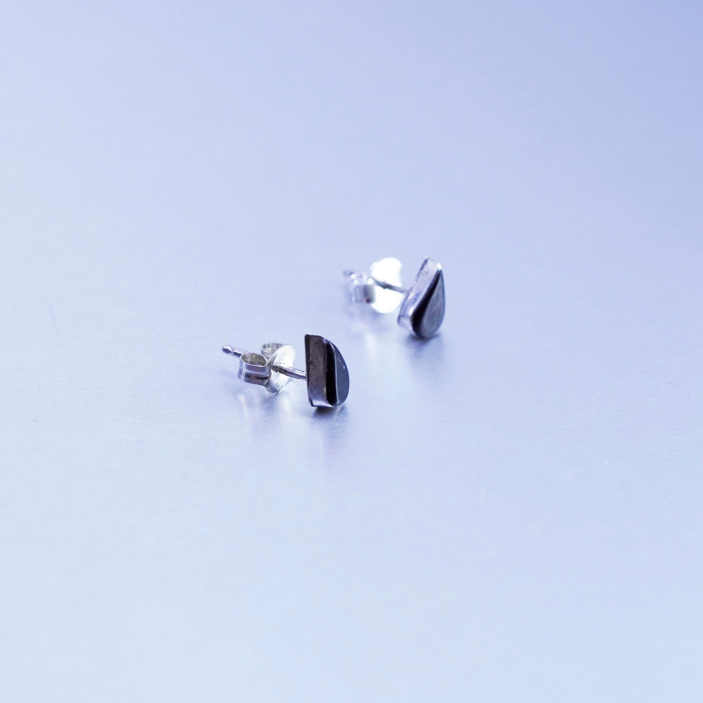 Vintage Sterling 925 silver handmade earrings, studs with teardrop onyx