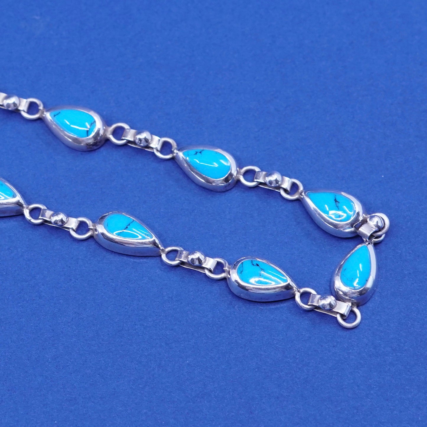 22”, huge mexico sterling 925 silver teardrop handmade necklace w/ turquoise