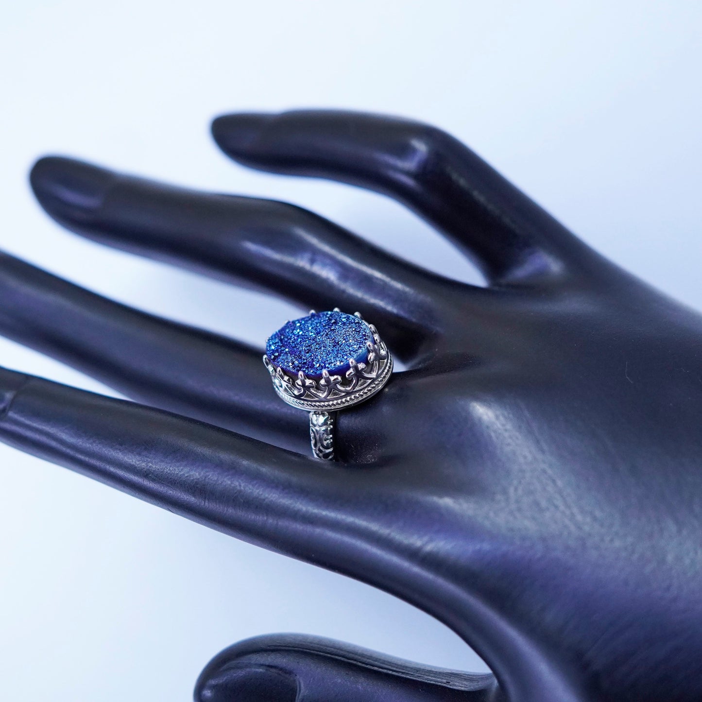 Size 7, vintage Sterling 925 silver handmade ring blue druzy glittering quartz