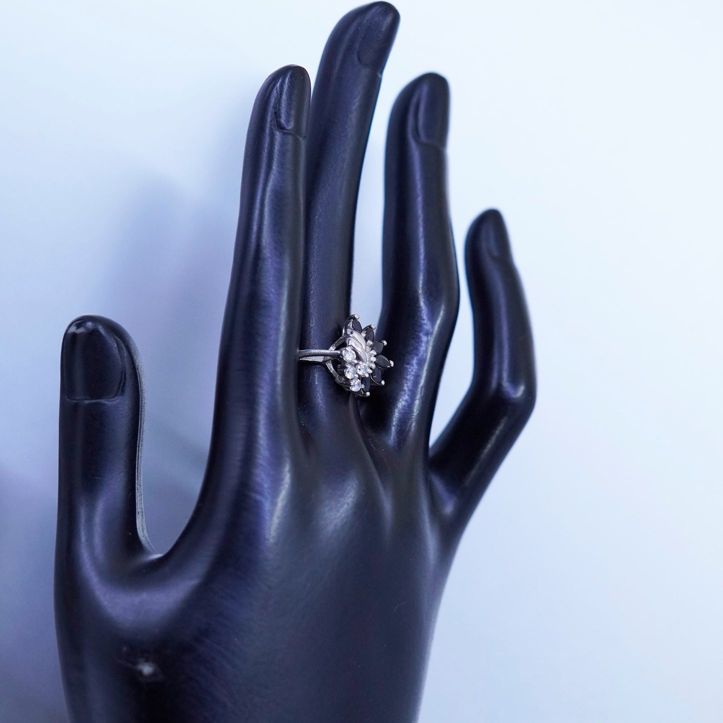 Size 10.5, vintage Sterling 925 silver handmade ring with sapphire and cz