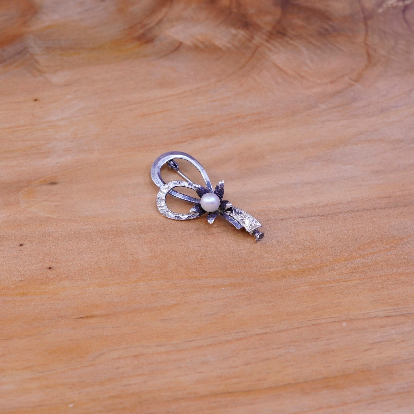 Vintage sterling silver handmade brooch, 925 ribbon flower with pearl details