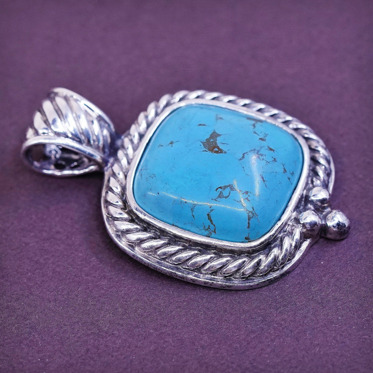 GSN Sterling silver handmade square pendant, Mexico 925 w/ turquoise N cable