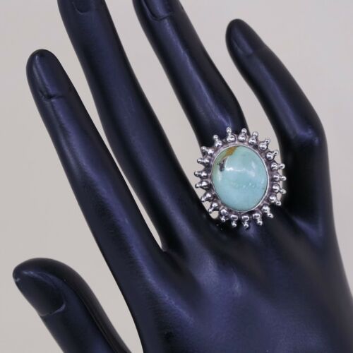 Sz 7, Vtg Sterling Silver Handmade Ring W/ Oval Turquoise N Beads, Stamped 925
