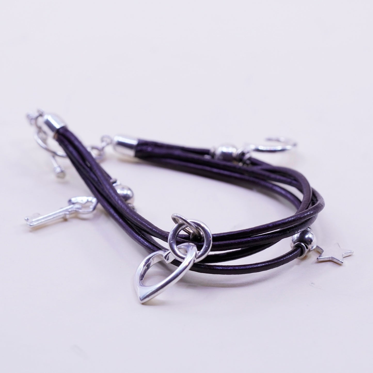 6.75”, Sterling 925 silver handmade moon star heart bracelet with leather core