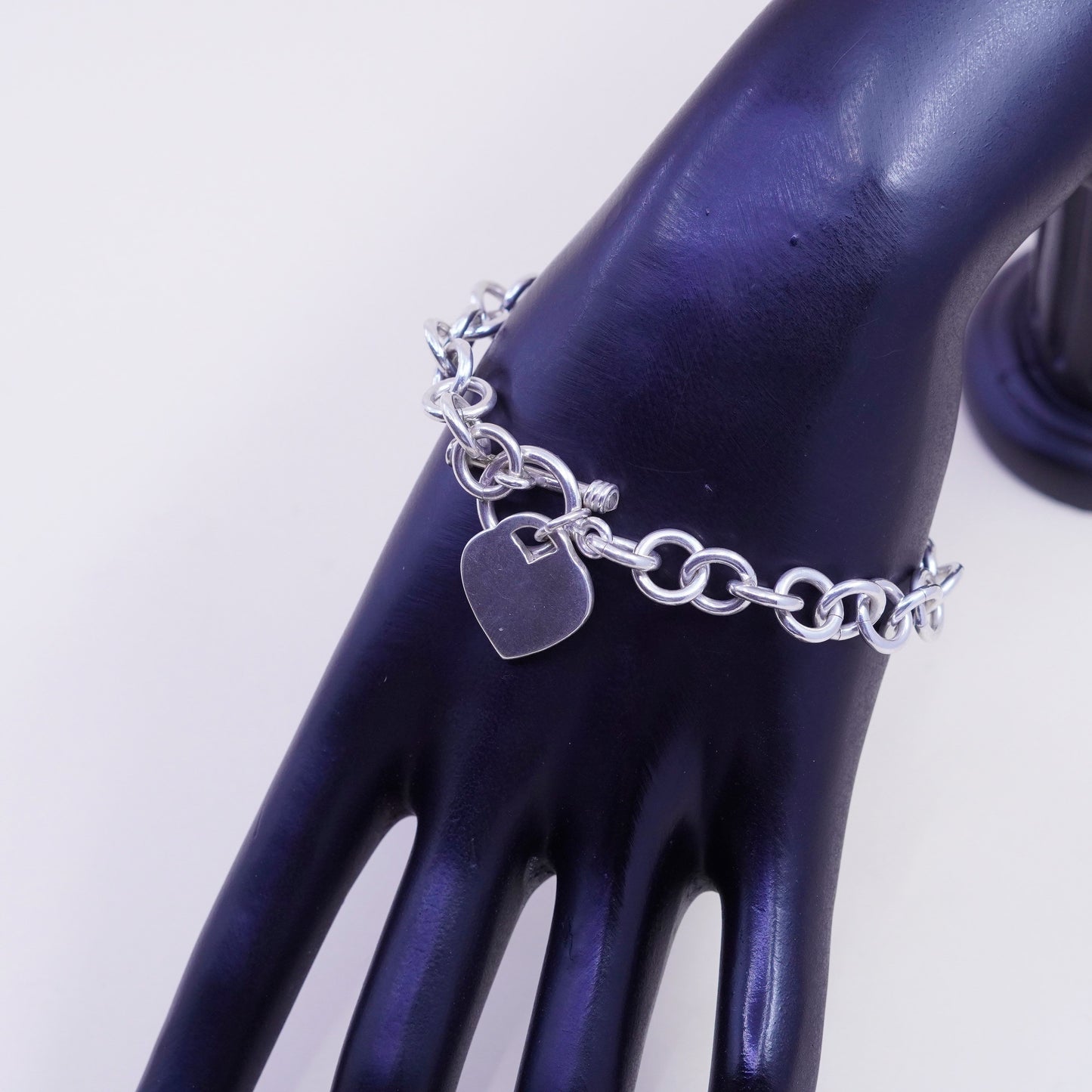 6.75”, Vintage sterling silver bracelet, handmade 925 circle chain heart charm