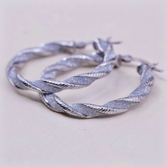1.25”, sterling silver handmade earrings, 925 huggie, twisted glittering hoops
