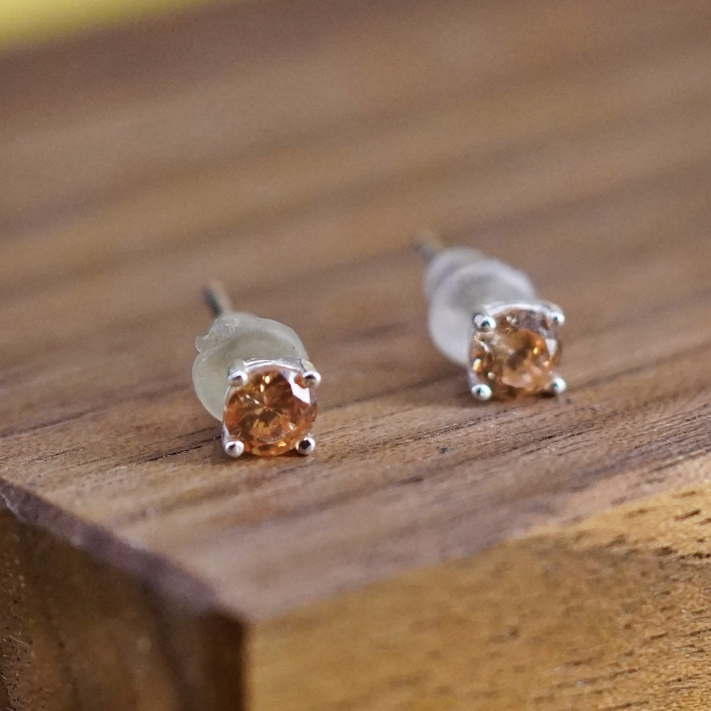 Vintage Sterling silver handmade earrings, 925 studs with orange cz
