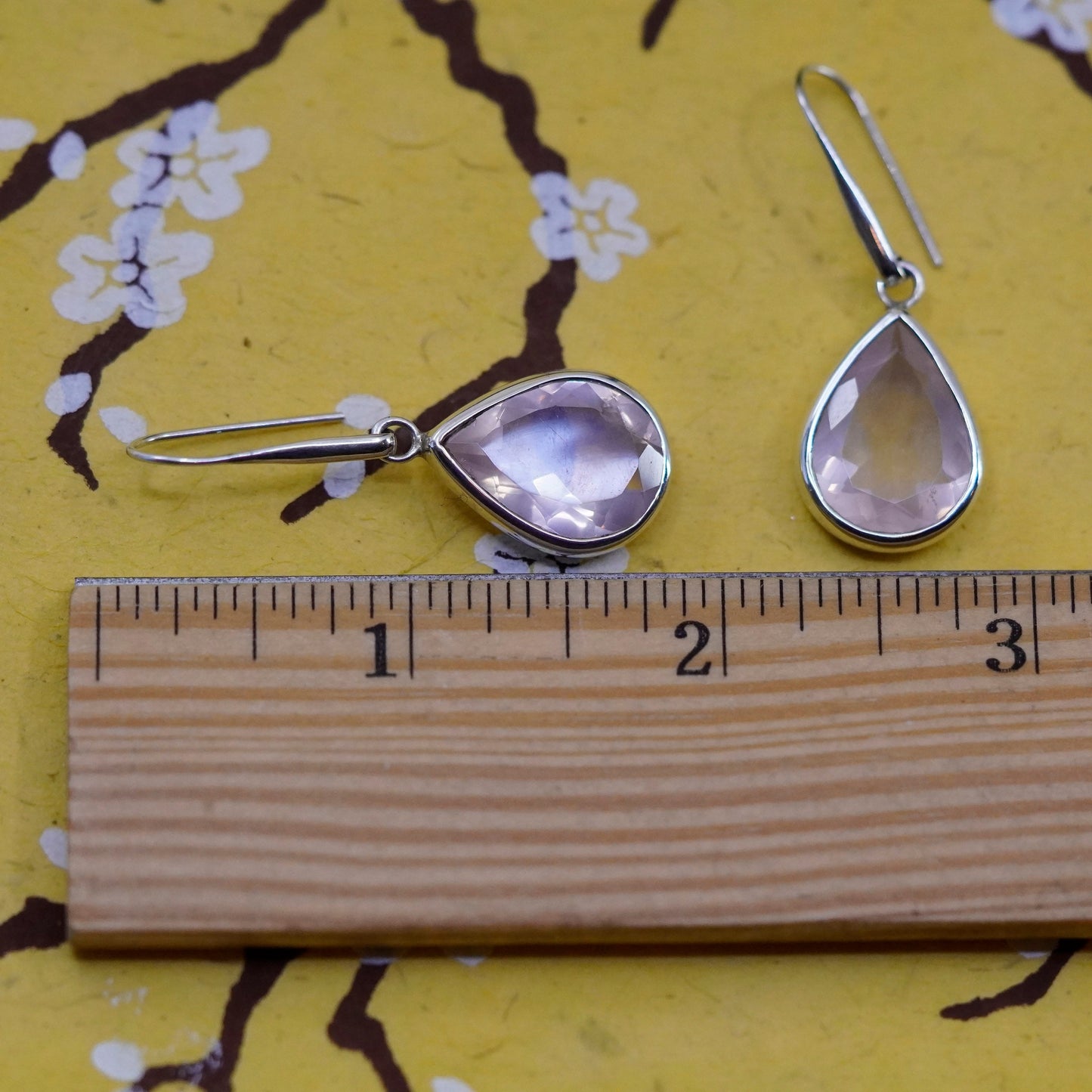 Vintage Sterling 925 silver handmade earrings with teardrop pink rose quartz