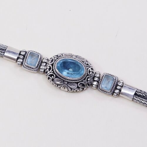 7.5”, Sterling Silver Handmade Bracelet, 925 Double Wheat Chain W/ Oval Topaz