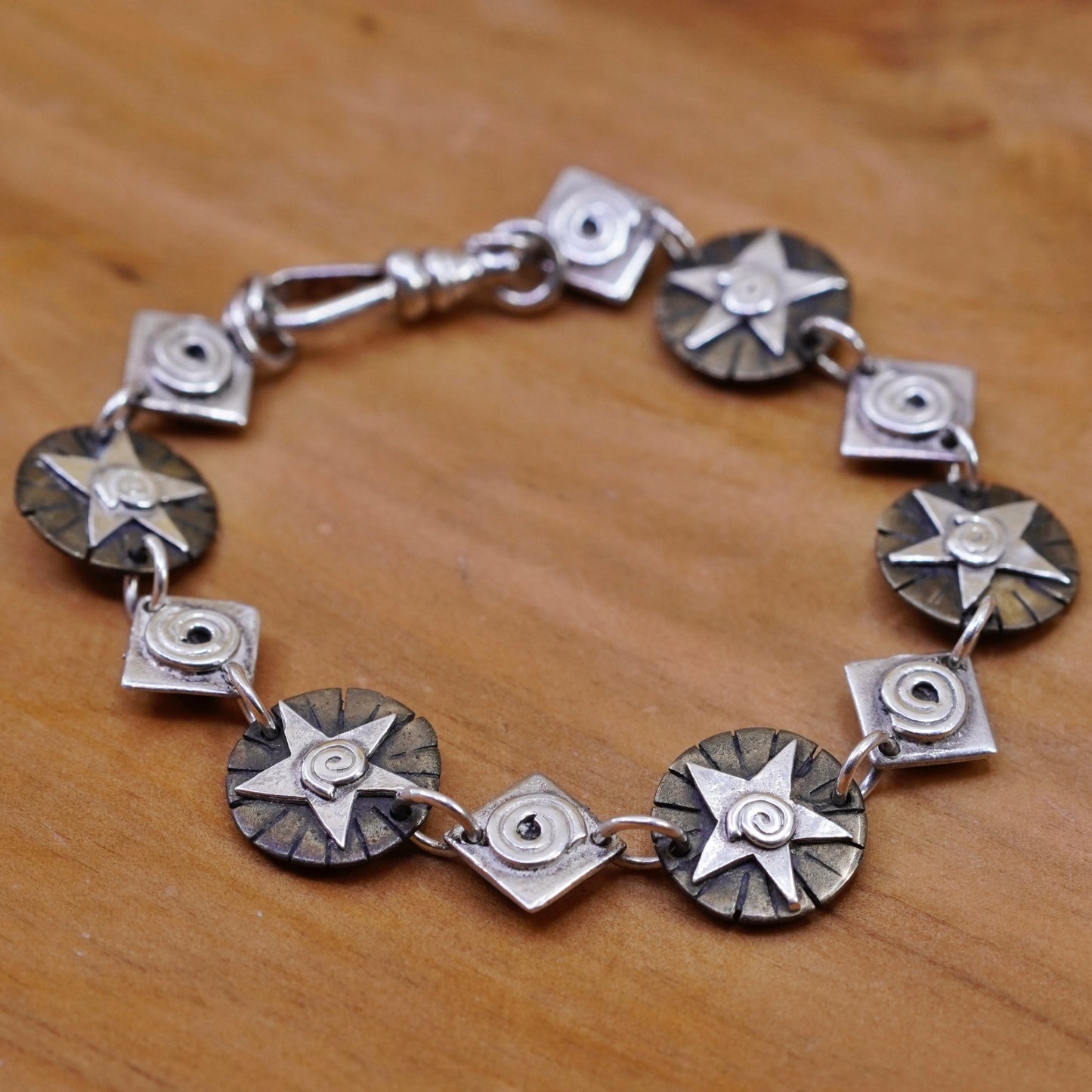 7”, two tone Sterling silver handmade bracelet, mexico 925 swirl star chain