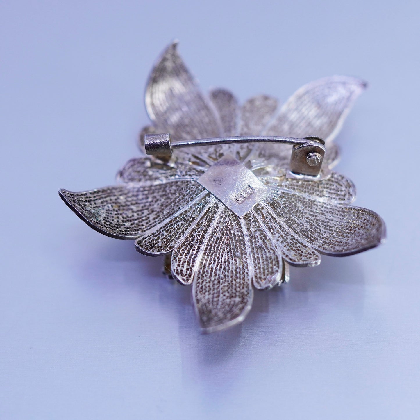 Vintage sterling silver handmade brooch, 925 filigree flower pin