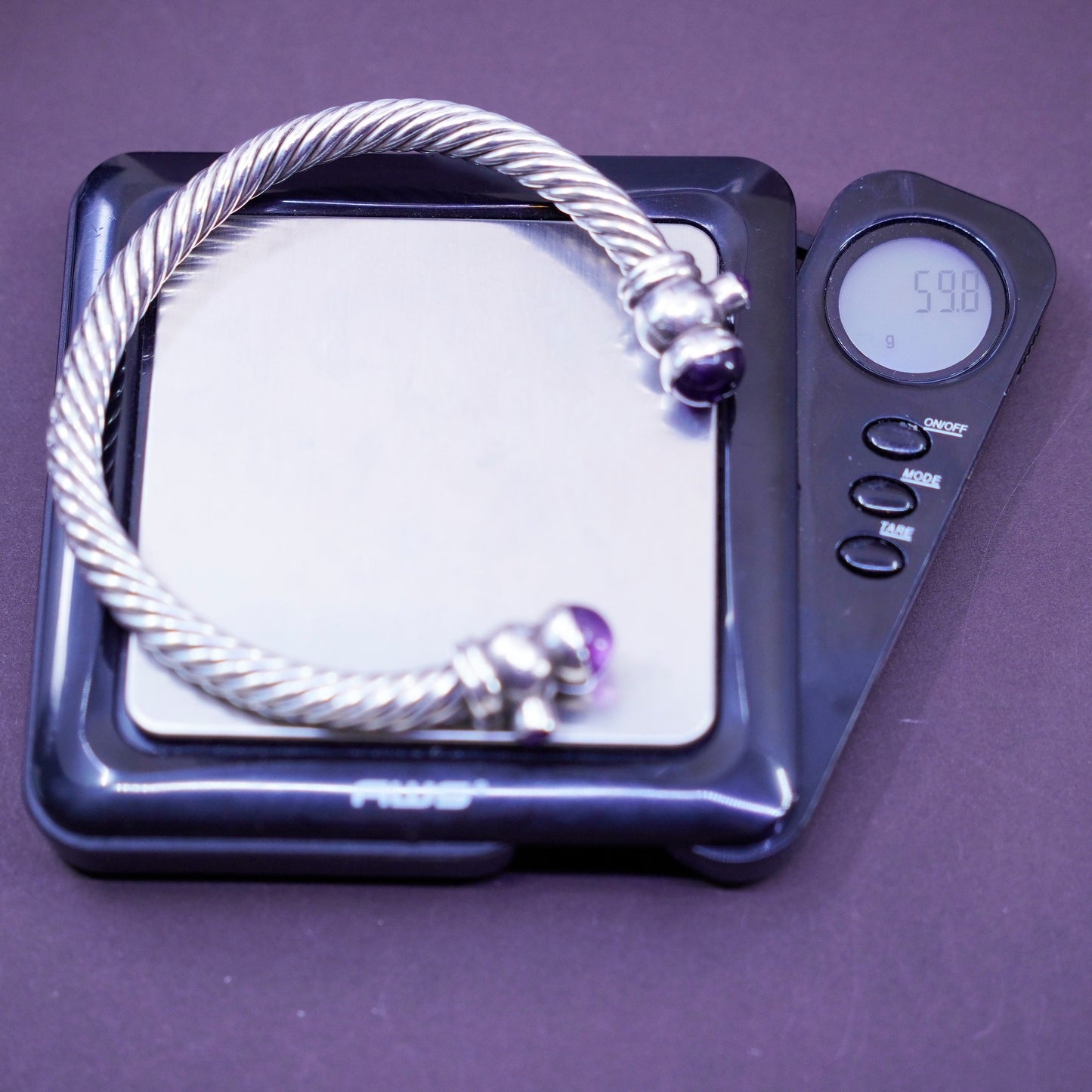 8.5”, vintage Sterling silver handmade bracelet, 925 cable cuff with amethyst