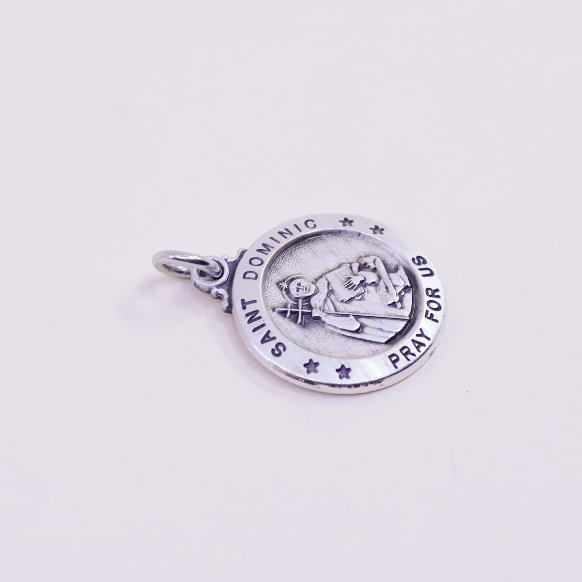 Vintage sterling 925 silver tag charm pendant with “Saint Dominic pray us”