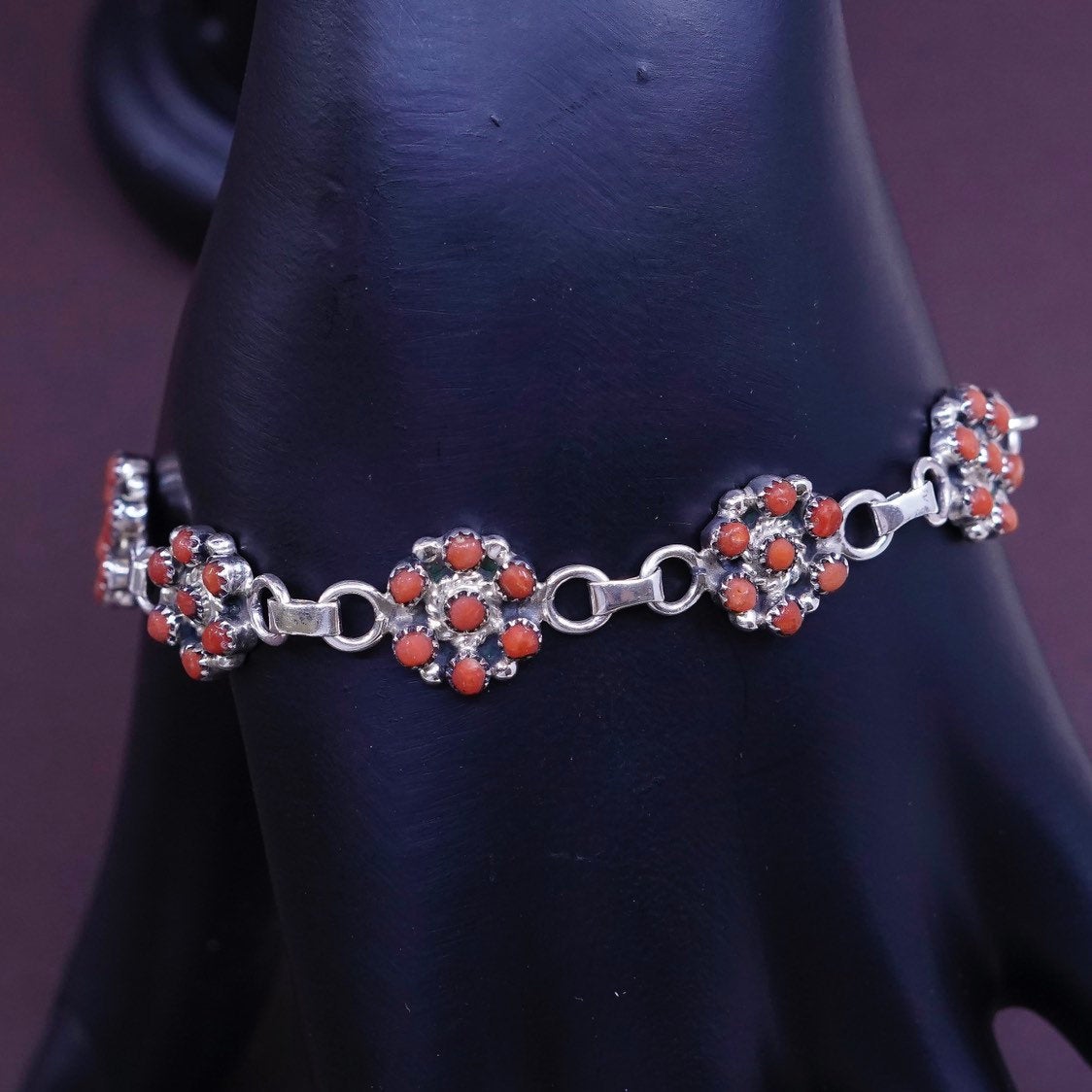 7.5", Native American Mary Sterling silver bracelet, navajo 925 flower w/ coral