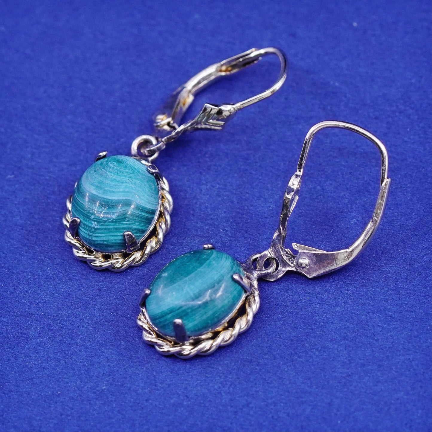 vermeil gold over sterling silver handmade earrings, 925 dangles oval malachite
