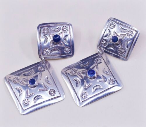 Southwestern Mexico handmade Sterling 925 Silver Square earrings W/ Blue Onyx