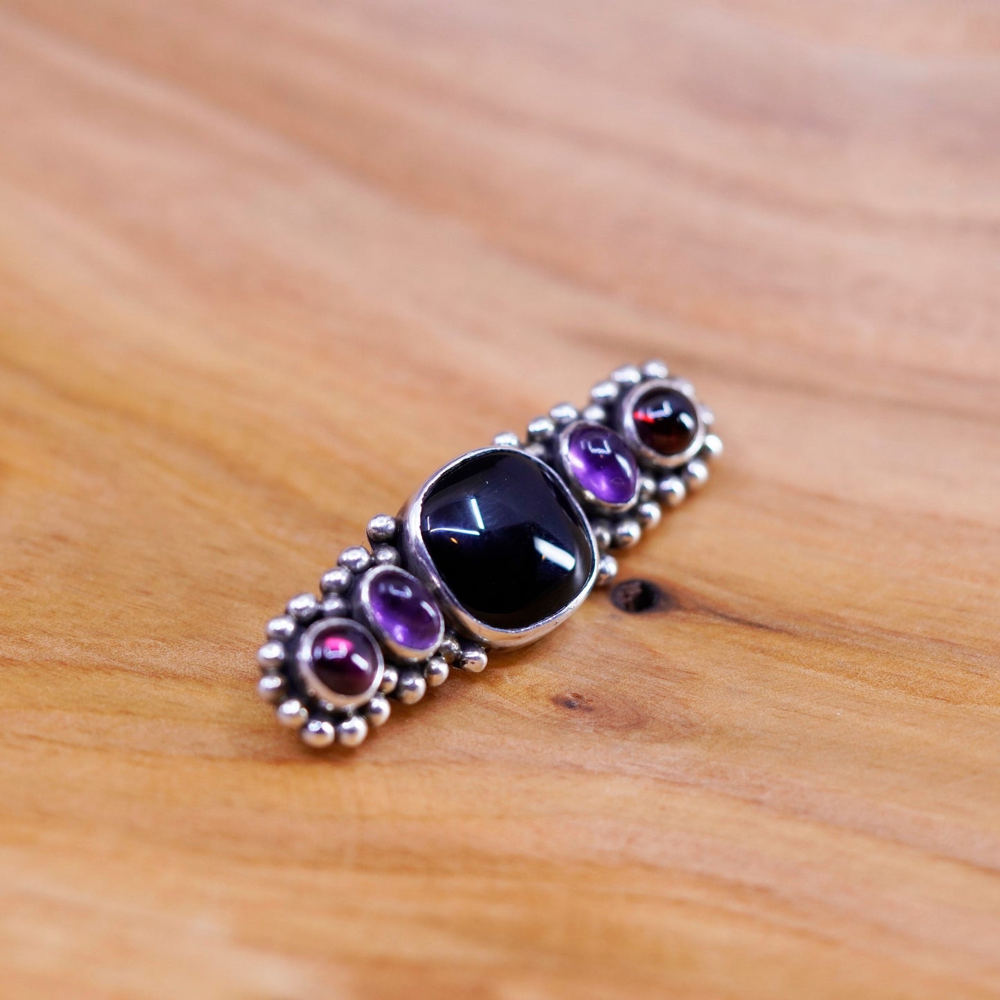Vintage handmade sterling silver brooch, 925 pin with amethyst onyx with beads