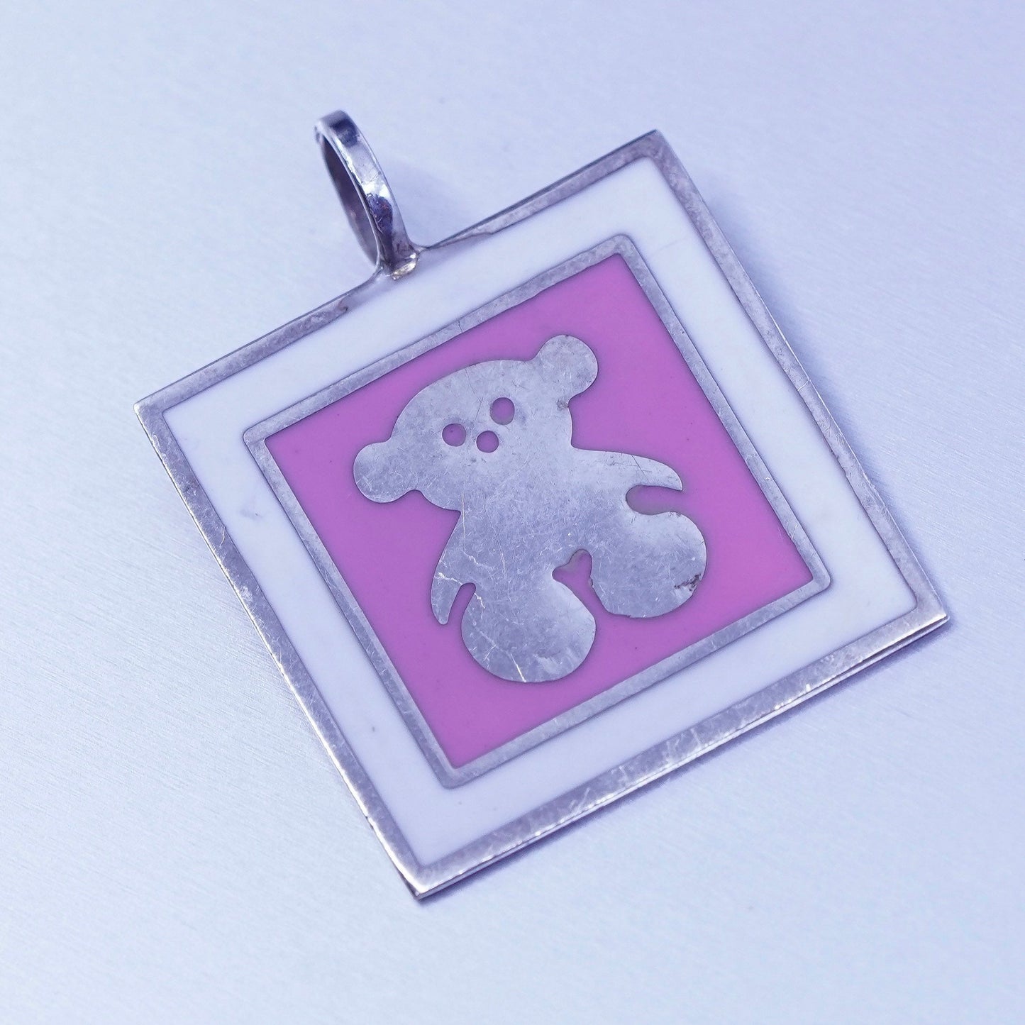 Vintage sterling 925 silver handmade enamel teddy bear pendant