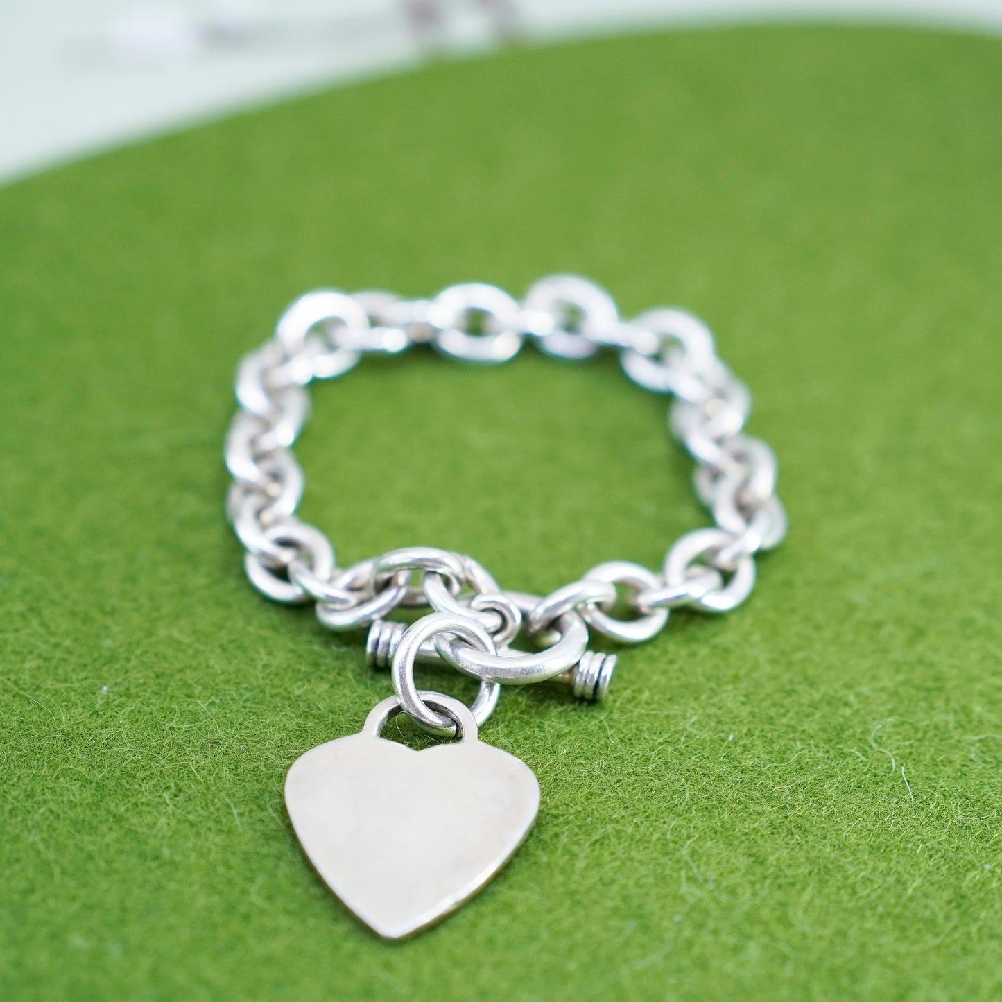 6”, Vintage sterling silver circle link bracelet, bold 925 chain w/ heart charm