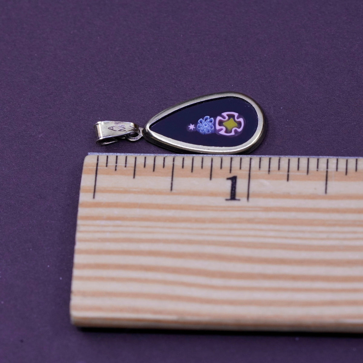 vtg handmade Sterling silver multicolor pendant, Murano teardrop glass pendant