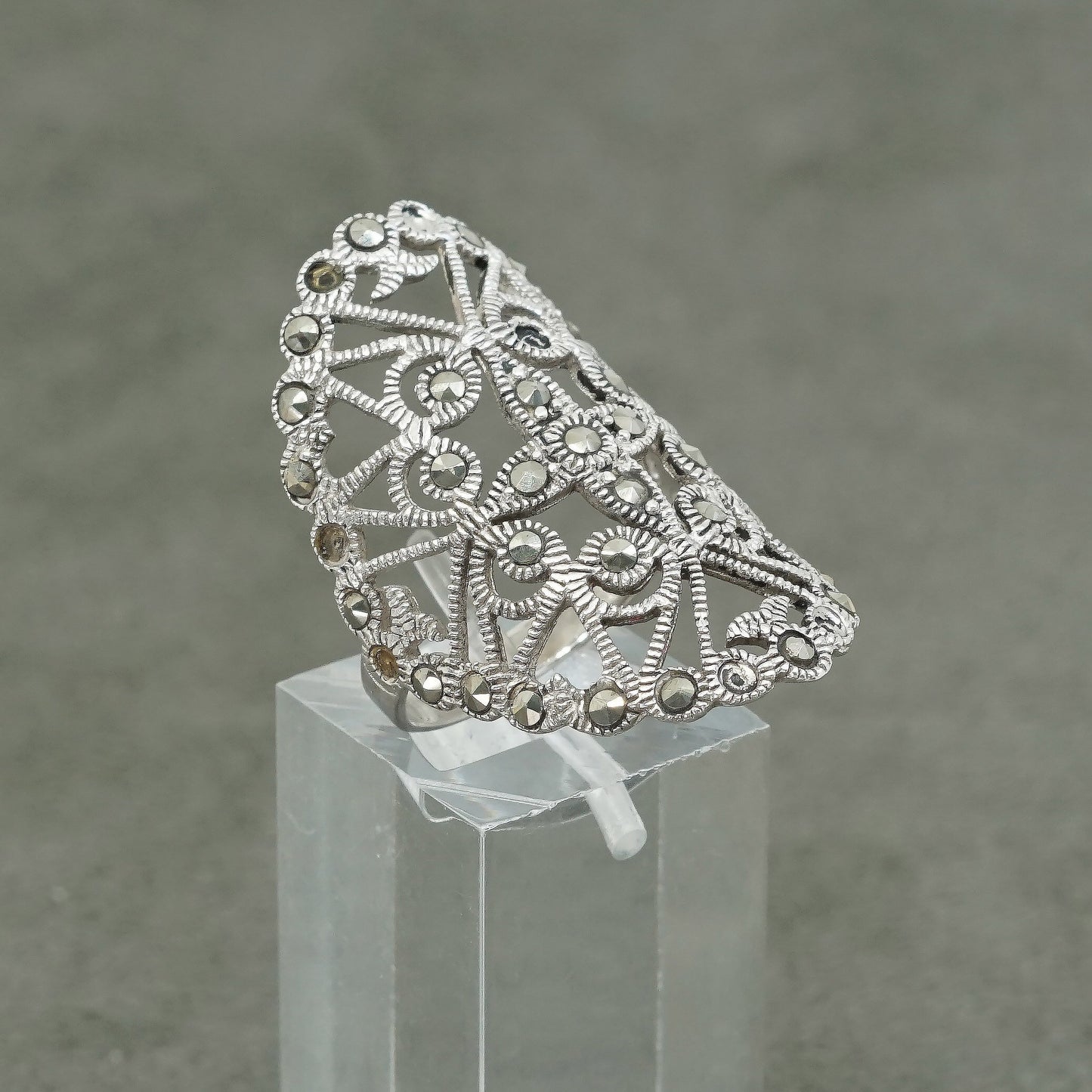 sz 5.75, vtg Sterling silver handmade ring, 925 filigree band w/ marcasite