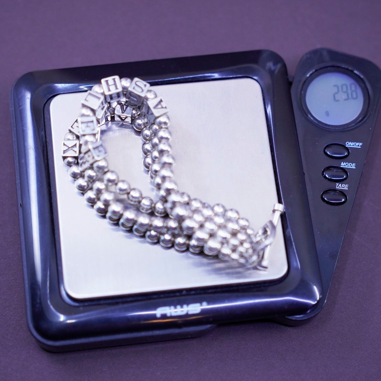 6.75”, Sterling 925 silver bracelet amethyst beads “Ashlee Skyler Alex” cubes