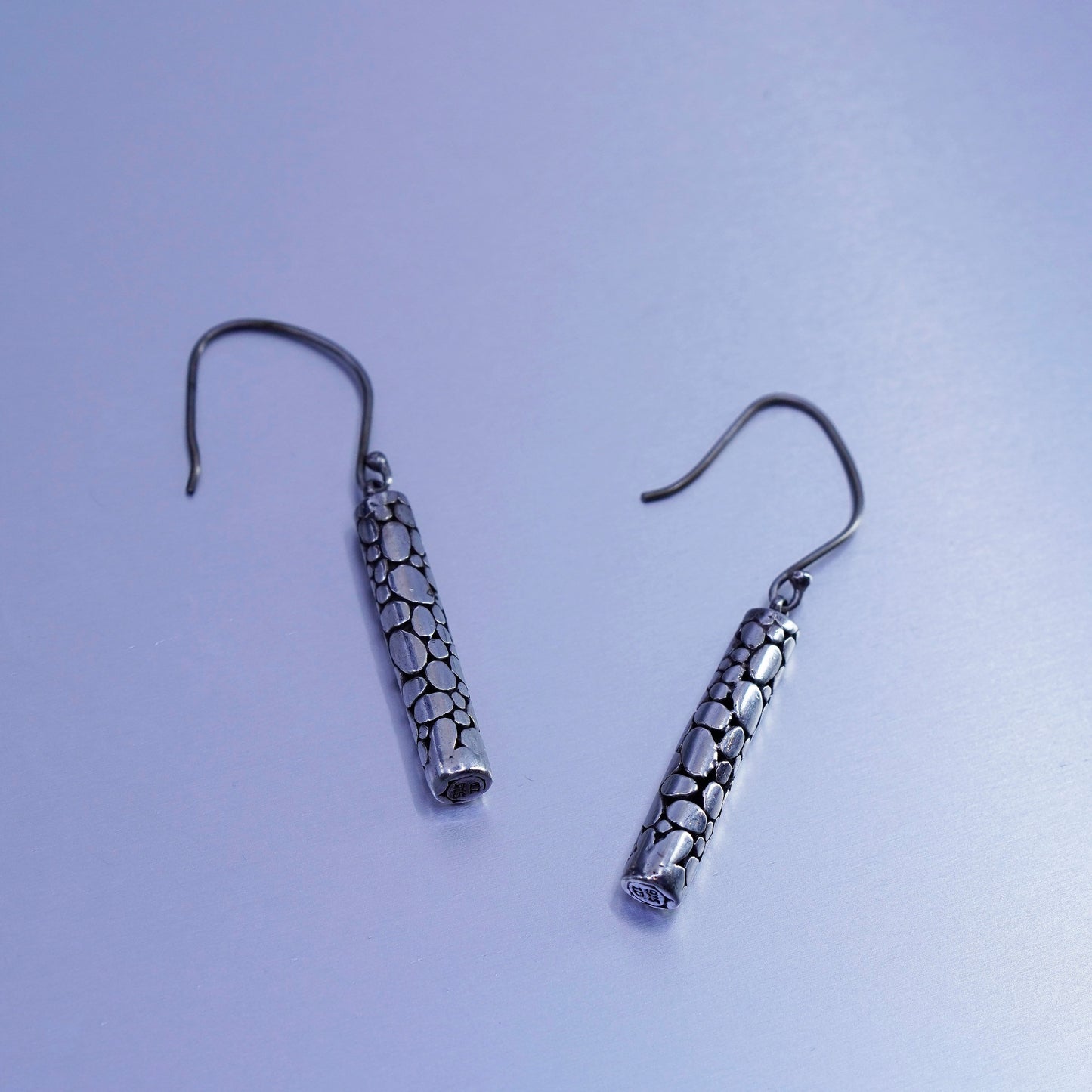 1”, vintage Sterling silver handmade earrings, 925 pebbles textured tube