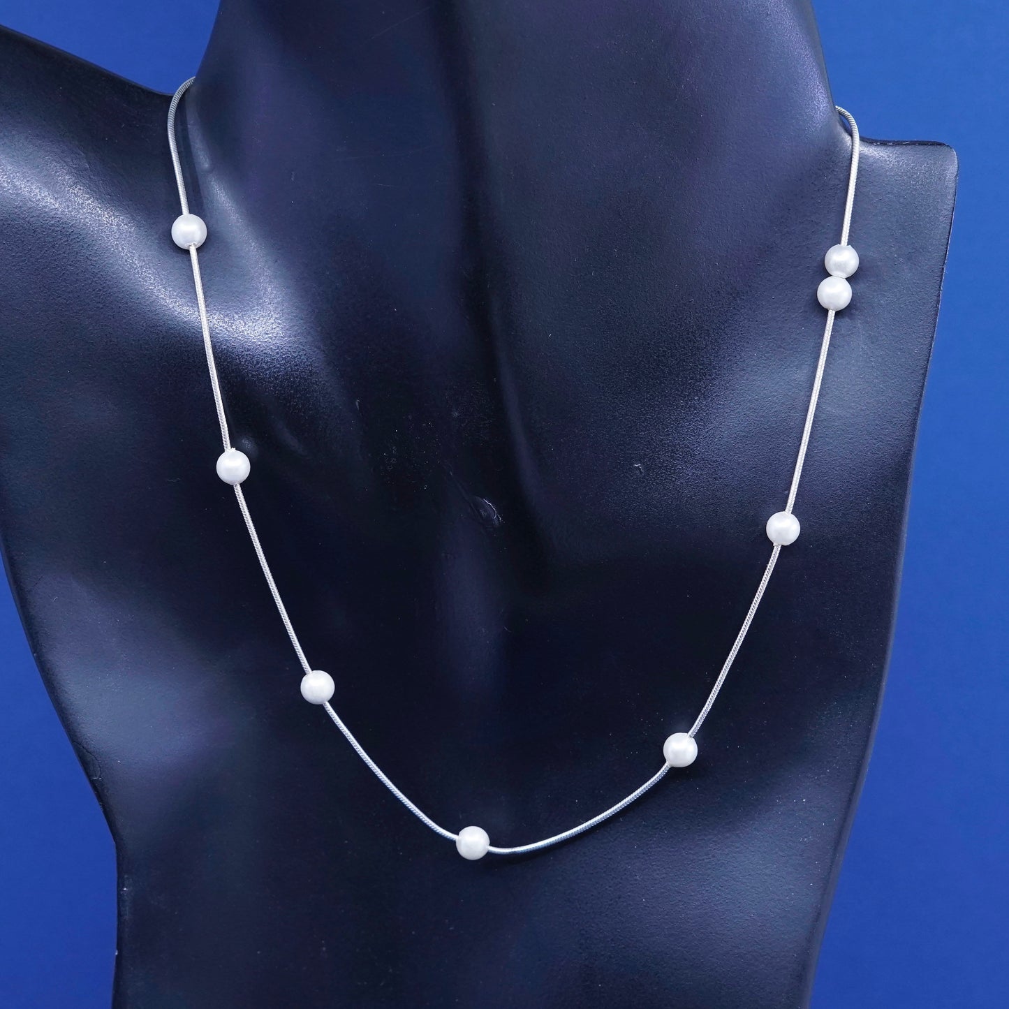 16”, vintage Sterling silver handmade necklace, 925 snake chain with pearl bead