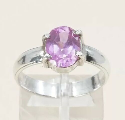 Sz 8, Sterling Silver Ring, 925 Silver Engagement Ring W/ pink Crystal