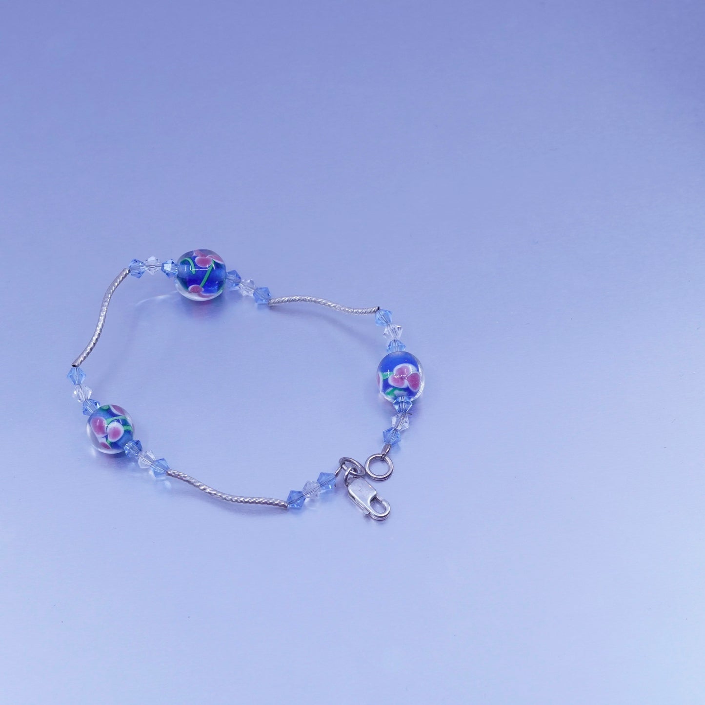 7.25”, jewelry | Sterling 925 silver bracelet, wavy chain floral glass charms