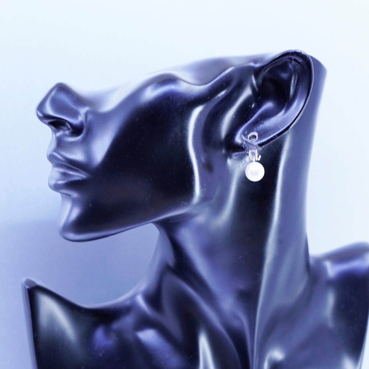 8mm, Vintage Sterling 925 silver handmade earrings, studs with pearl and cz