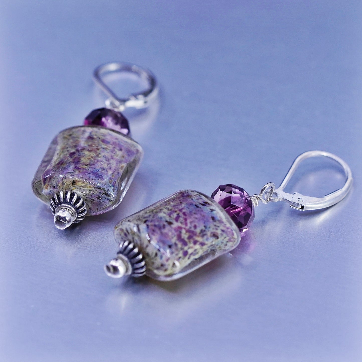 Vintage Sterling 925 silver earrings with artisan glass and purple beads