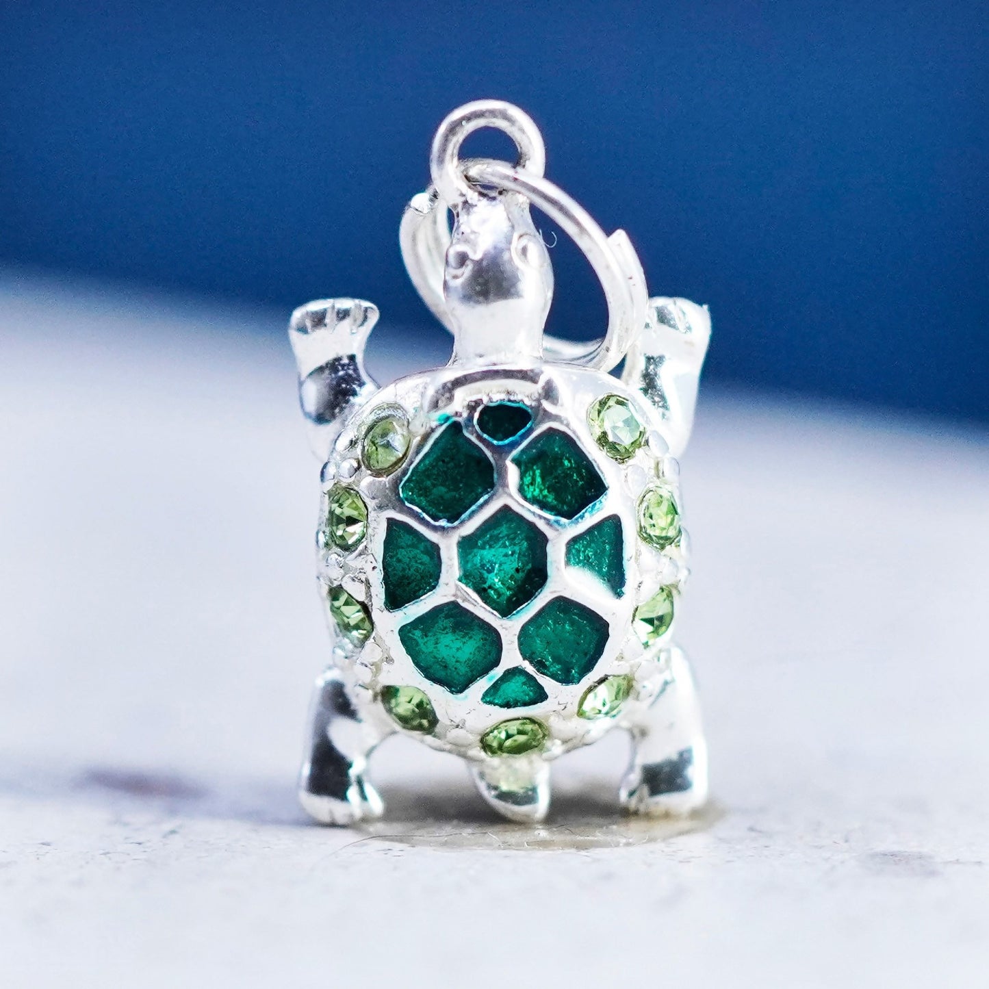 Vintage Sterling silver handmade pendant, 925 green enamel turtle charm