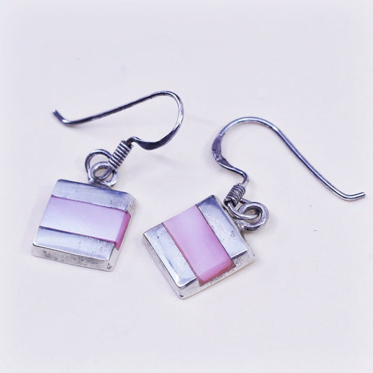 Vintage sterling 925 silver handmade earrings with square pink mother of pearl