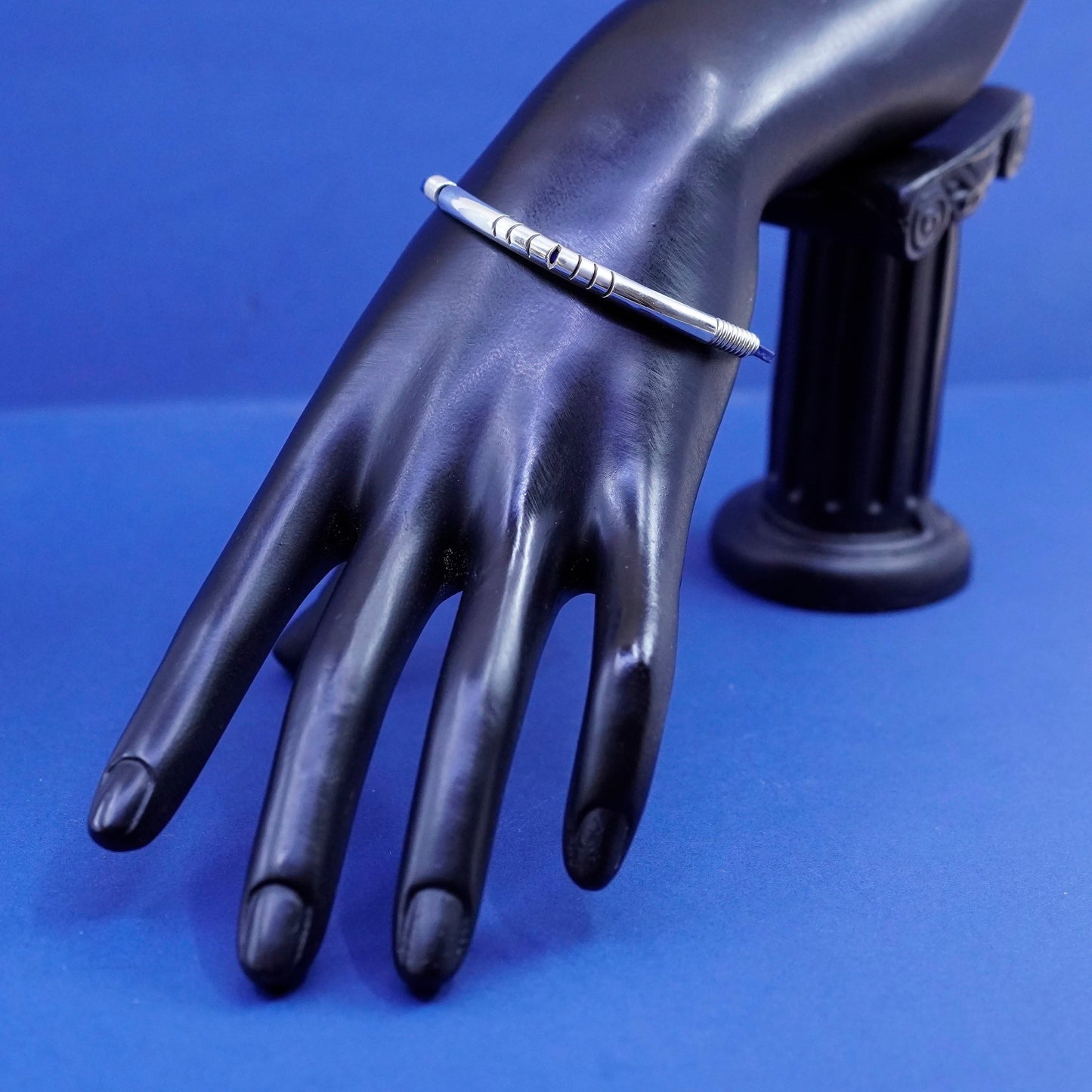 6.75”, Vintage Sterling silver handmade bracelet, 925 bar blue leather chain