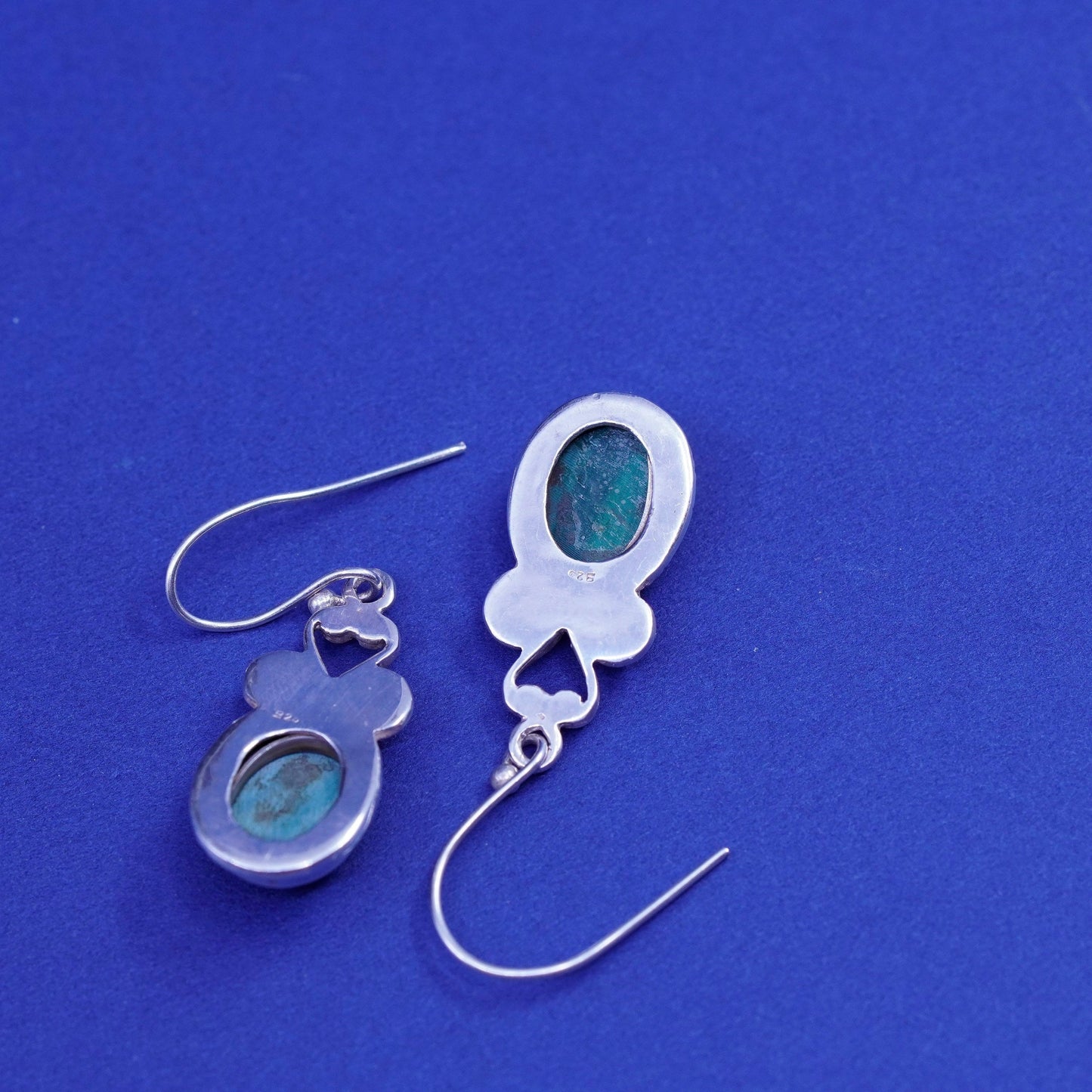 Vintage mexico sterling silver handmade earrings, 925 dangles oval malachite