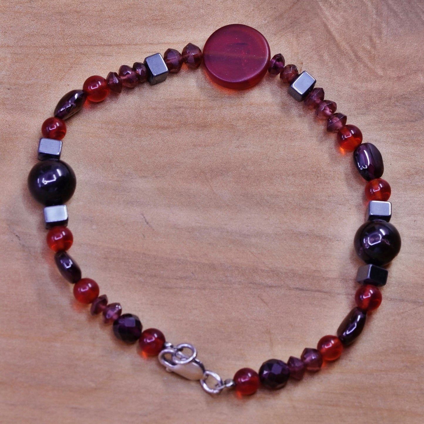 7.5”, Vintage Sterling 925 silver handmade bracelet, with ruby crystal garnet