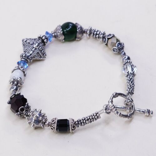 6.75” Vtg Sterling Silver Handmade Bead Bracelet, 925 Toggle n Swarovski Crystal